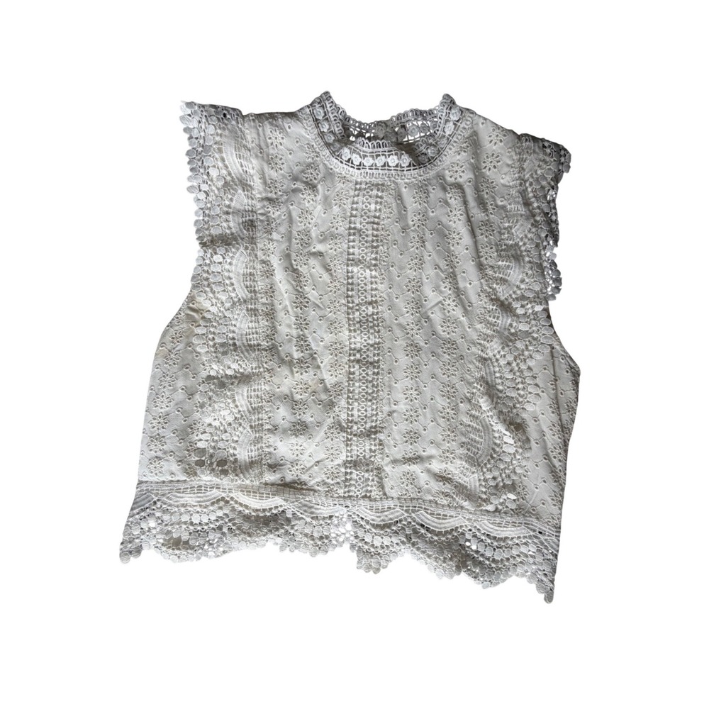 Sim & Sam Womens XL White Eyelet Lace Mock Neck Tank Crochet Boho Cottagecore